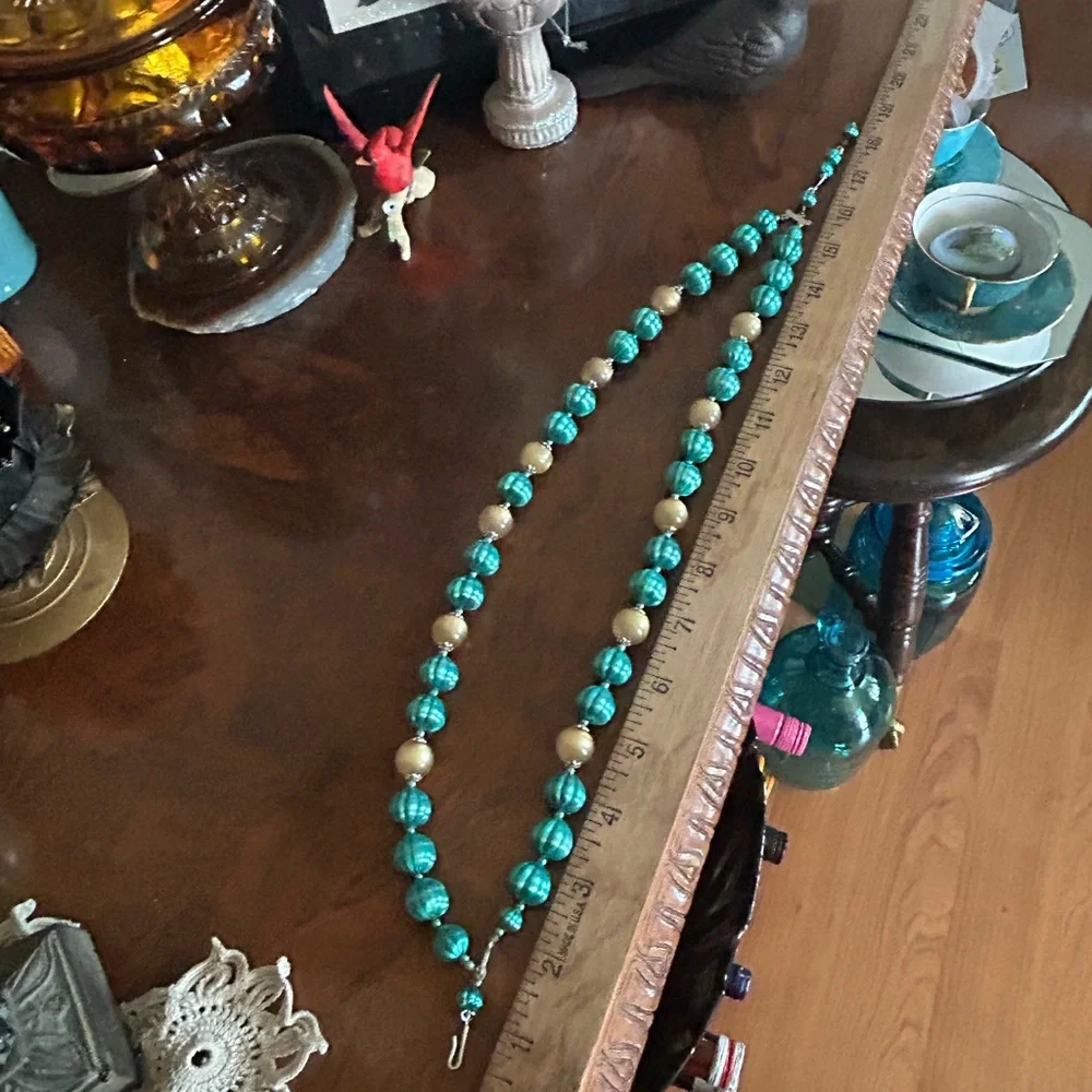 Vintage Double-Strand Green & Gold Bead Necklace
